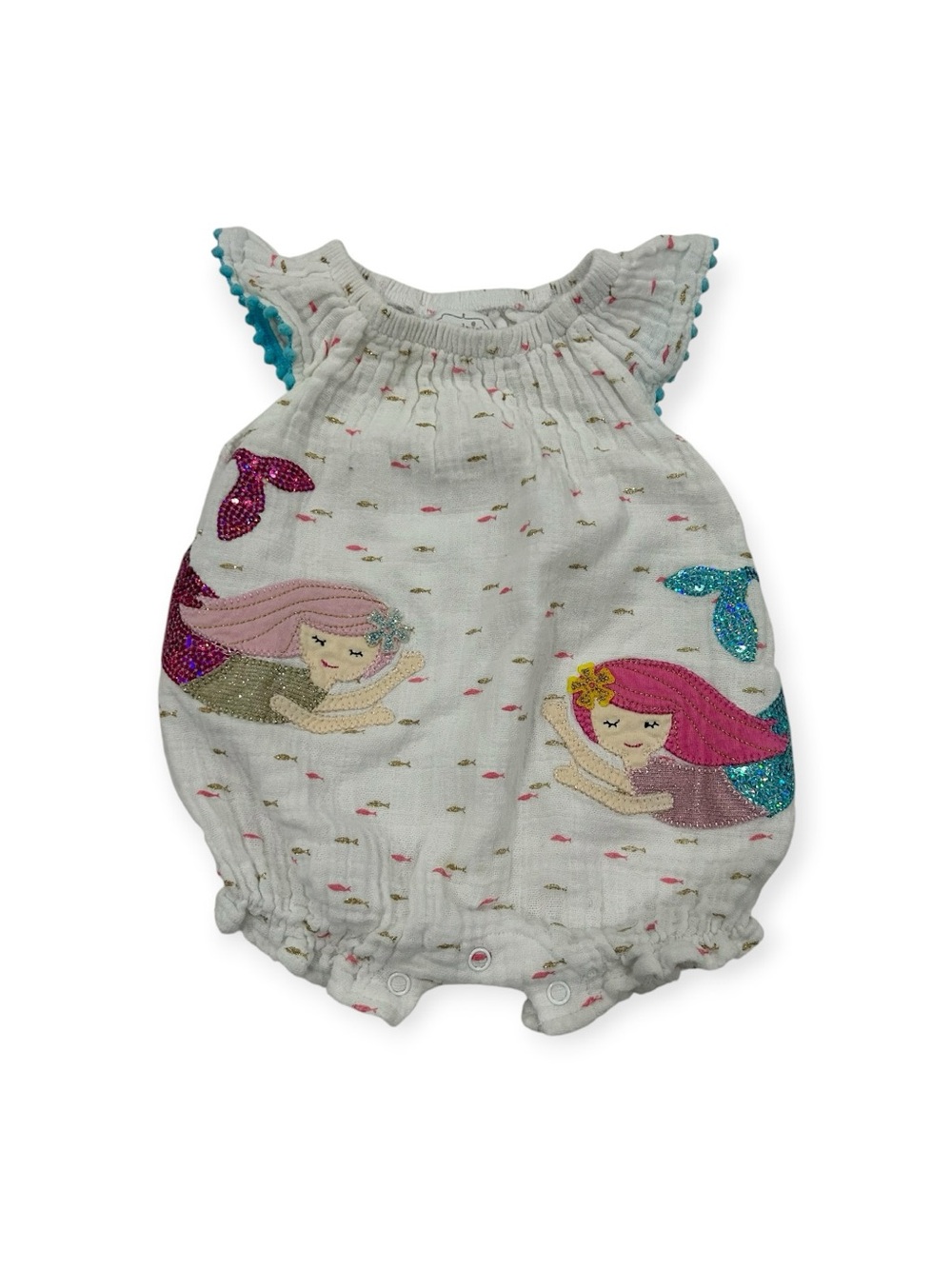 Mud Pie White Cotton Gauze Bubble Romper Pink & Teal Sequins Mermaid Appliqués